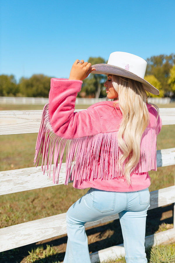skylar-fringe-faux-fur-jacket-hot-pink Buddy Love - Sophia's Style-Skylar Fringe Faux Fur Jacket - Hot Pink-Pink-S-1